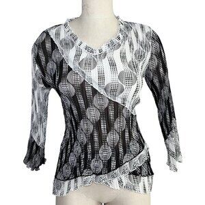 Vtg Lindi Womens Asymmetric Top Size L Crinkle Bell Sleeve Stretch‎ Ruffle Y2K